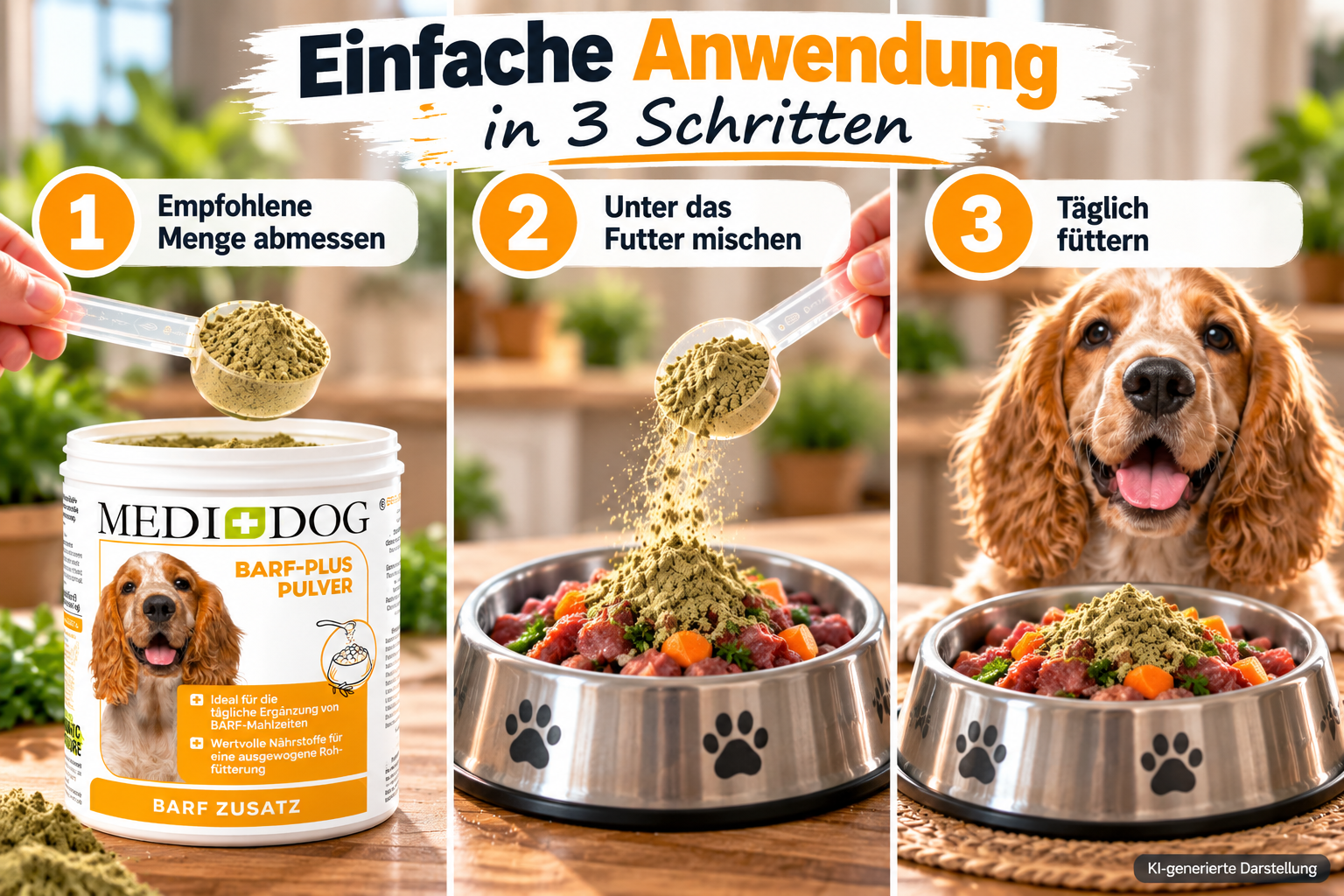 MEDIDOG BARF Plus – Anwendung in drei Schritten: Menge abmessen, unter das Futter mischen und täglich füttern