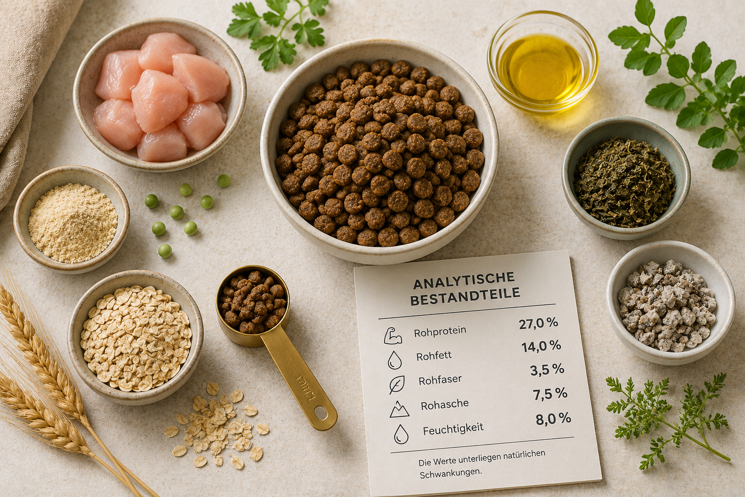 Darstellung der analytischen Bestandteile in Hunde- und Katzenfutter mit Rohprotein, Rohfett, Rohfaser, Rohasche und Feuchtigkeit sowie typischen Futtermittelrohstoffen auf einem hellen Untergrund.