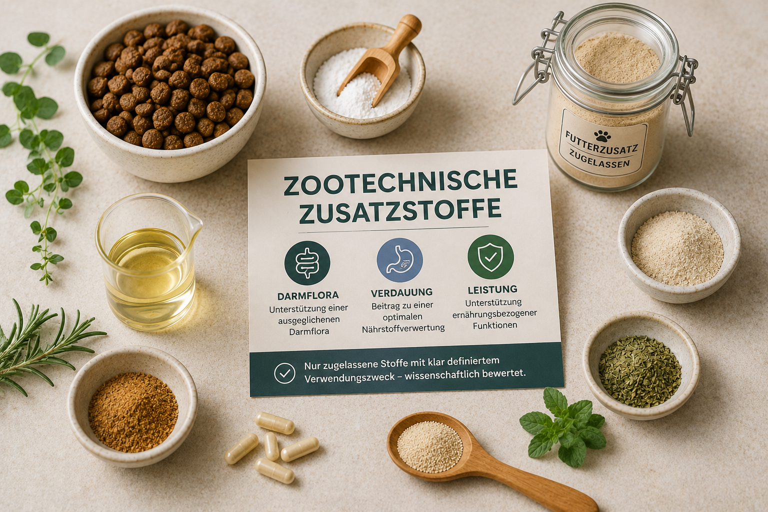 Darstellung zootechnischer Zusatzstoffe für Hunde- und Katzenfutter mit Trockenfutter, natürlichen Rohstoffen, Pflanzen, Pulvern und weiteren Zutaten zur Veranschaulichung zugelassener zootechnischer Zusatzstoffe auf einem hellen Untergrund.