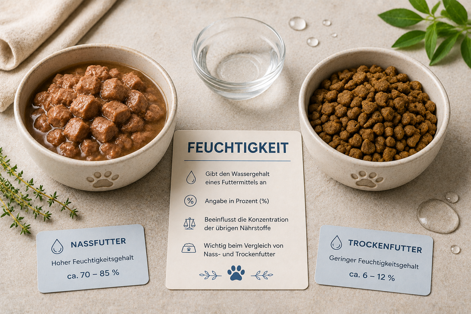 Vergleich von Nassfutter und Trockenfutter für Hunde und Katzen mit Darstellung des Feuchtigkeitsgehalts auf einem hellen Untergrund.