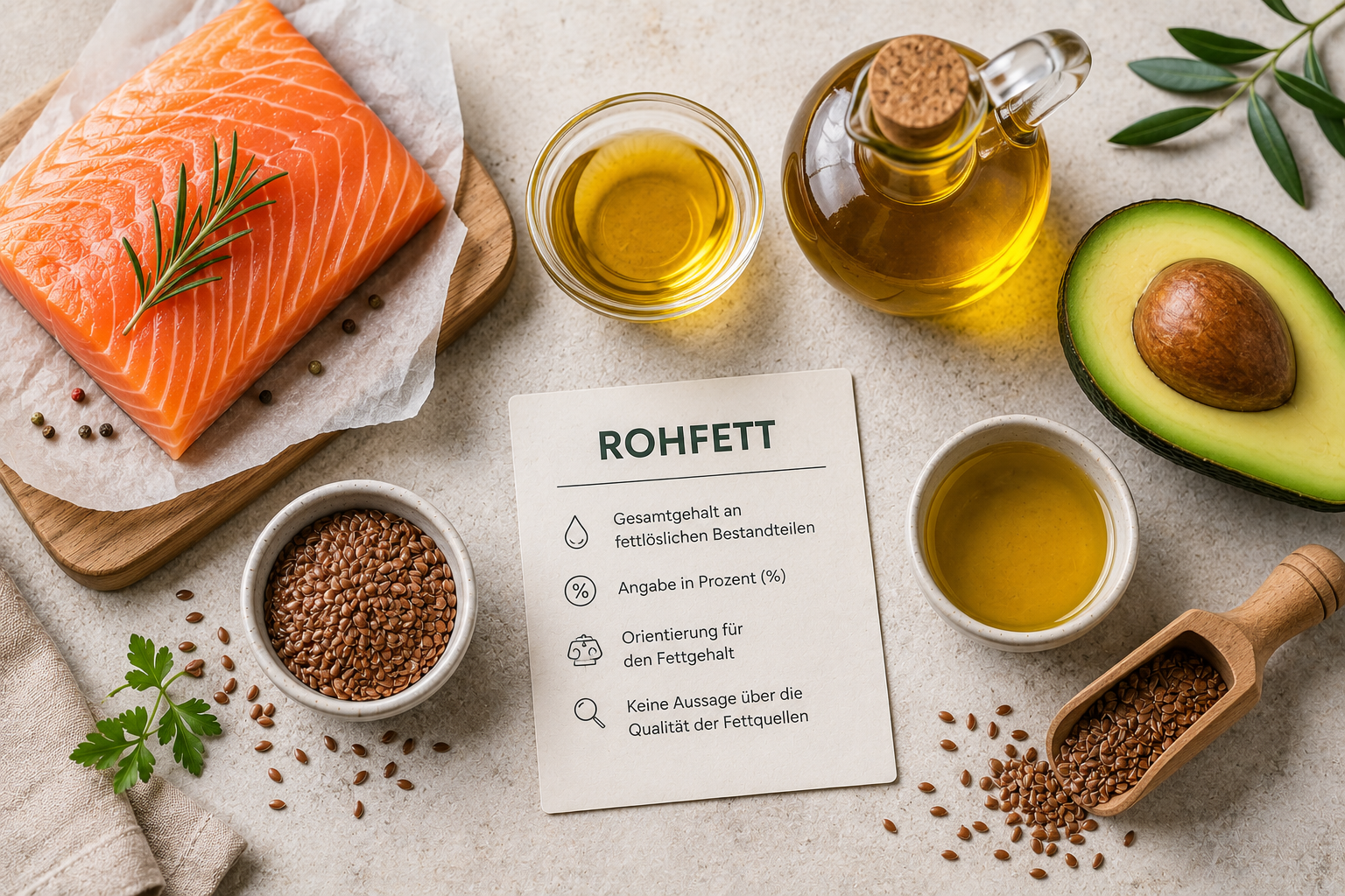 Darstellung des Rohfettgehalts in Hunde- und Katzenfutter mit Lachs, pflanzlichen Ölen, Avocado und Leinsamen auf einem hellen Untergrund.