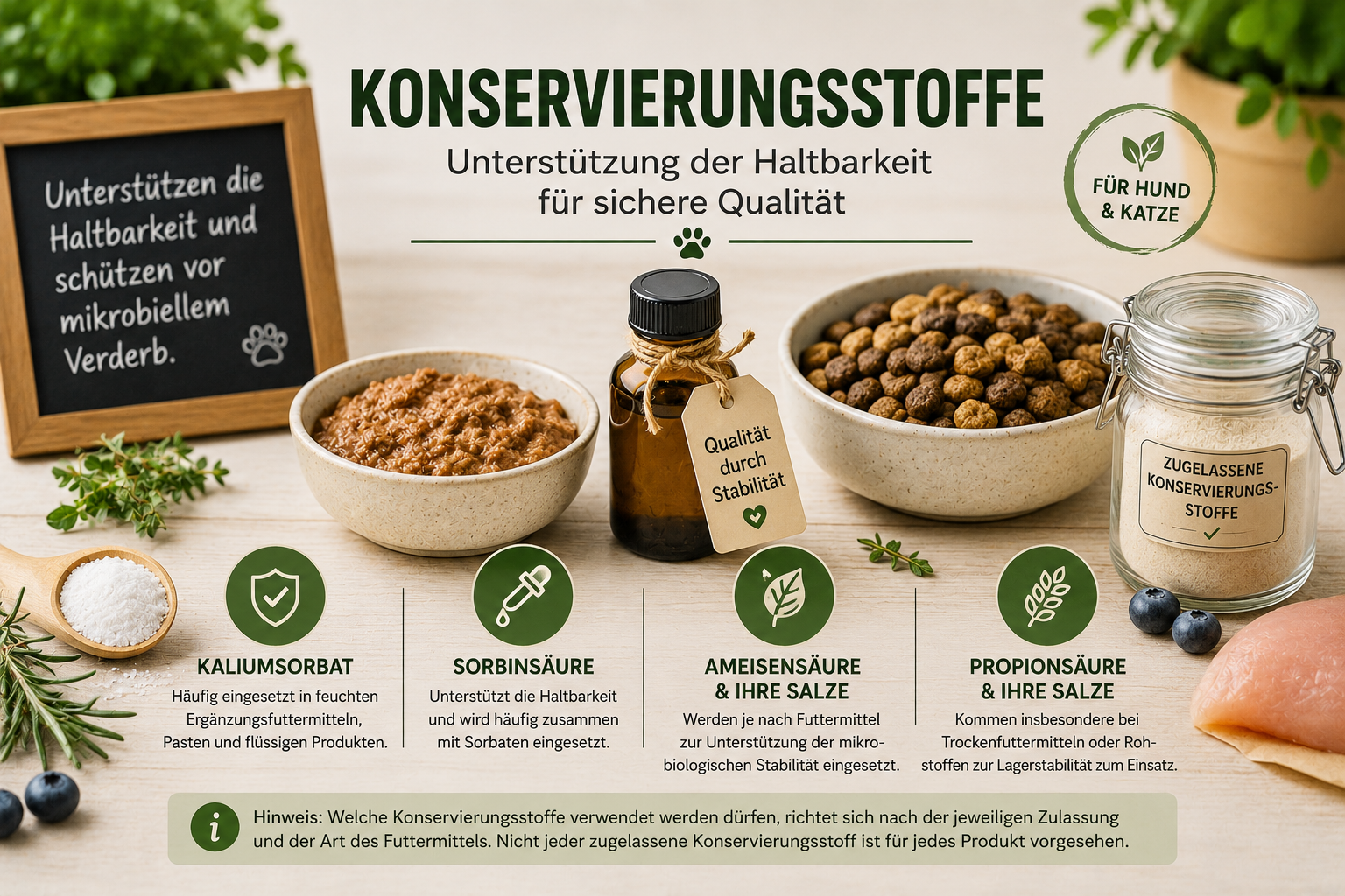 Darstellung von Konservierungsstoffen in Hunde- und Katzenfutter mit Nassfutter, Trockenfutter, natürlichen Rohstoffen und typischen Konservierungsstoffen zur Veranschaulichung ihrer Funktion für die Haltbarkeit auf einem hellen Untergrund.