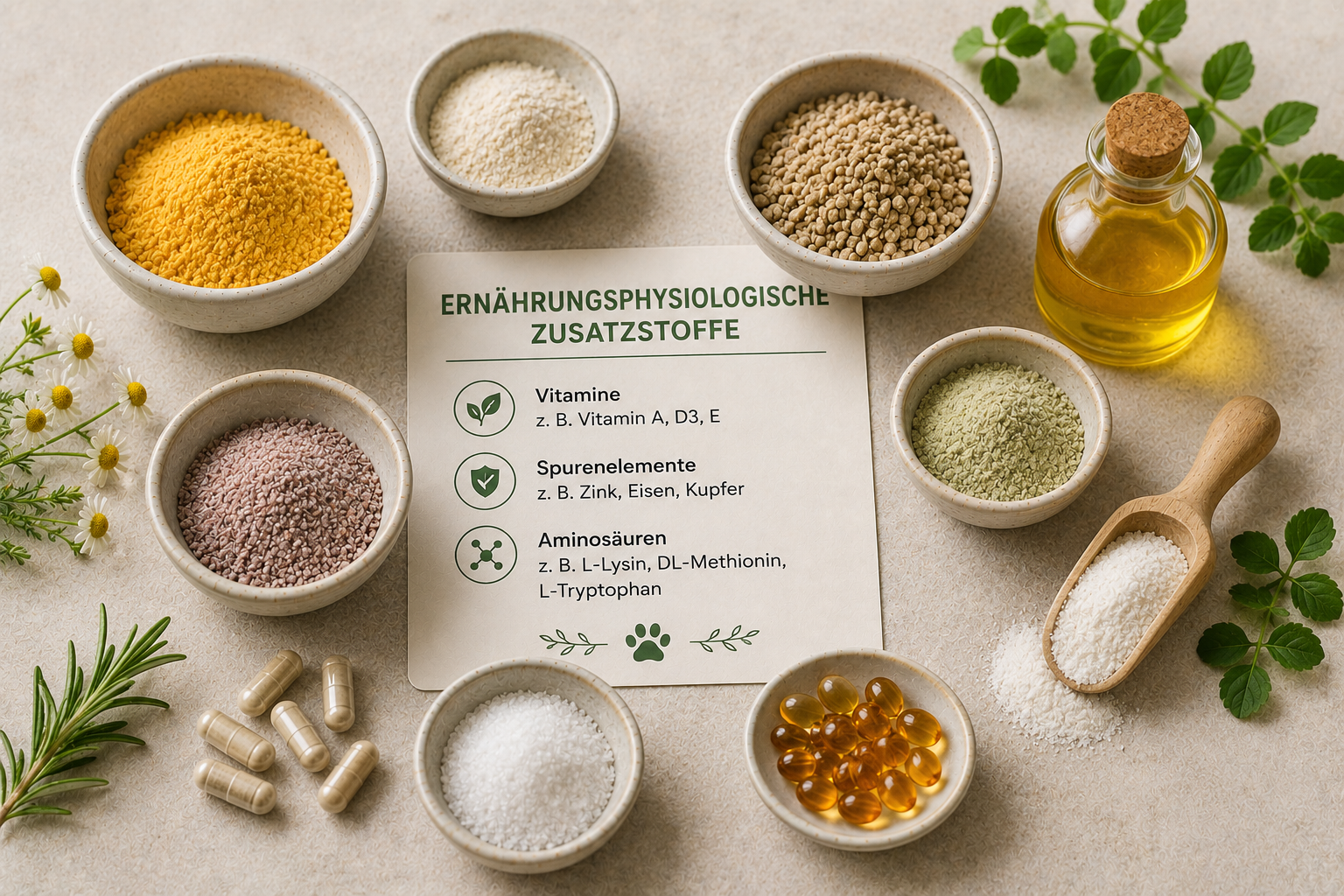 Verschiedene ernährungsphysiologische Zusatzstoffe für Hunde und Katzen wie Vitamine, Spurenelemente, Aminosäuren und Öle übersichtlich auf einem hellen Untergrund dargestellt.