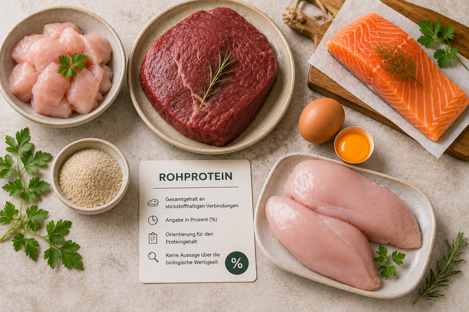 Darstellung des Rohproteingehalts in Hunde- und Katzenfutter mit Rindfleisch, Hähnchenfleisch, Lachs, Ei und weiteren proteinreichen Rohstoffen auf einem hellen Untergrund.