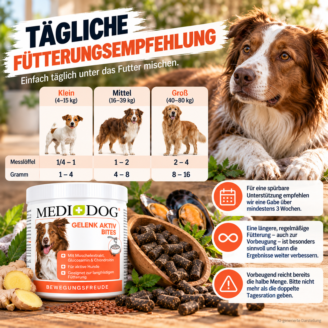 MEDIDOG Gelenk Aktiv Bites – tägliche Fütterungsempfehlung nach Gewicht des Hundes