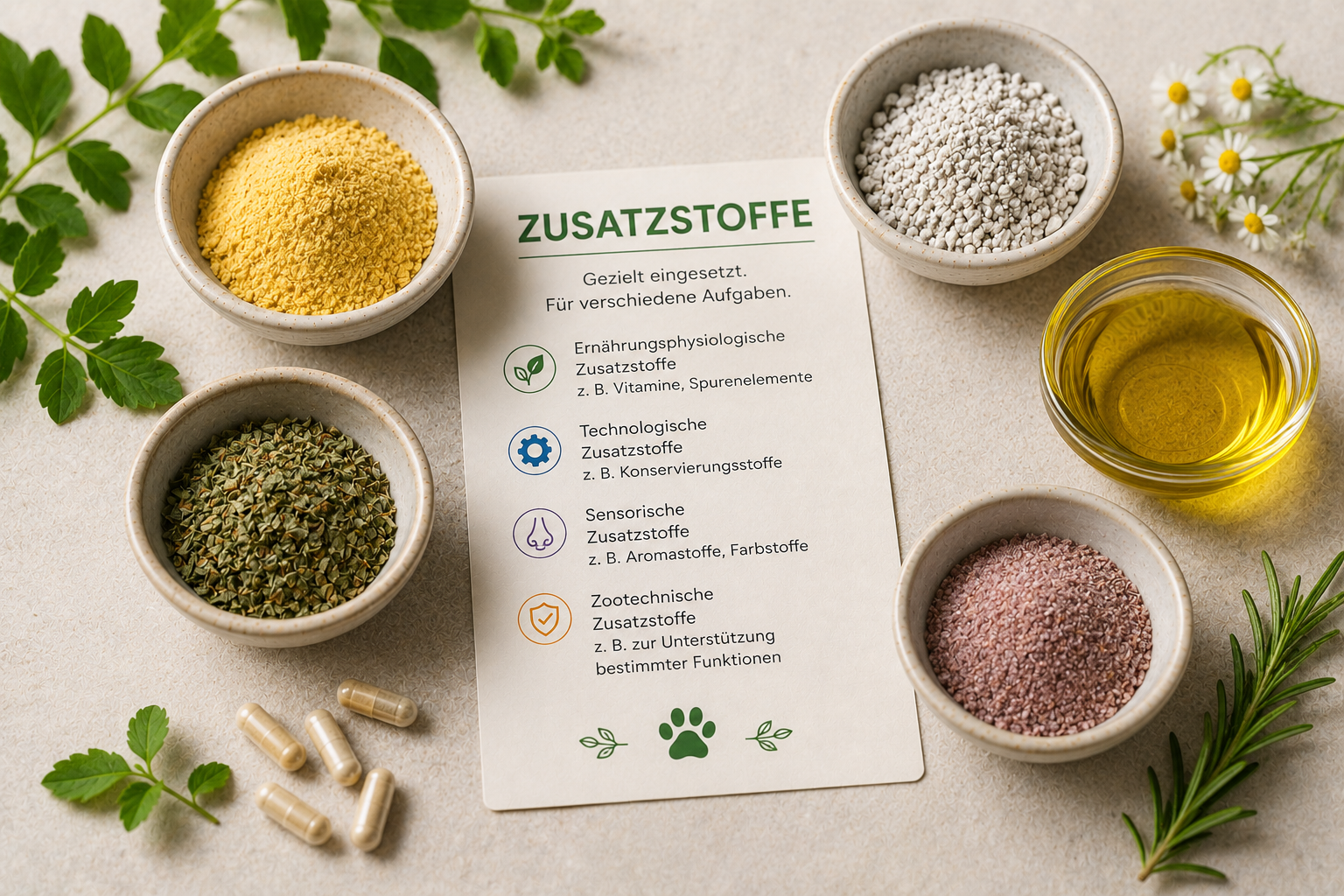 Übersicht verschiedener Zusatzstoffe für Hunde und Katzen mit Vitaminen, Mineralstoffen, Kräutern und Öl auf einem hellen Untergrund.