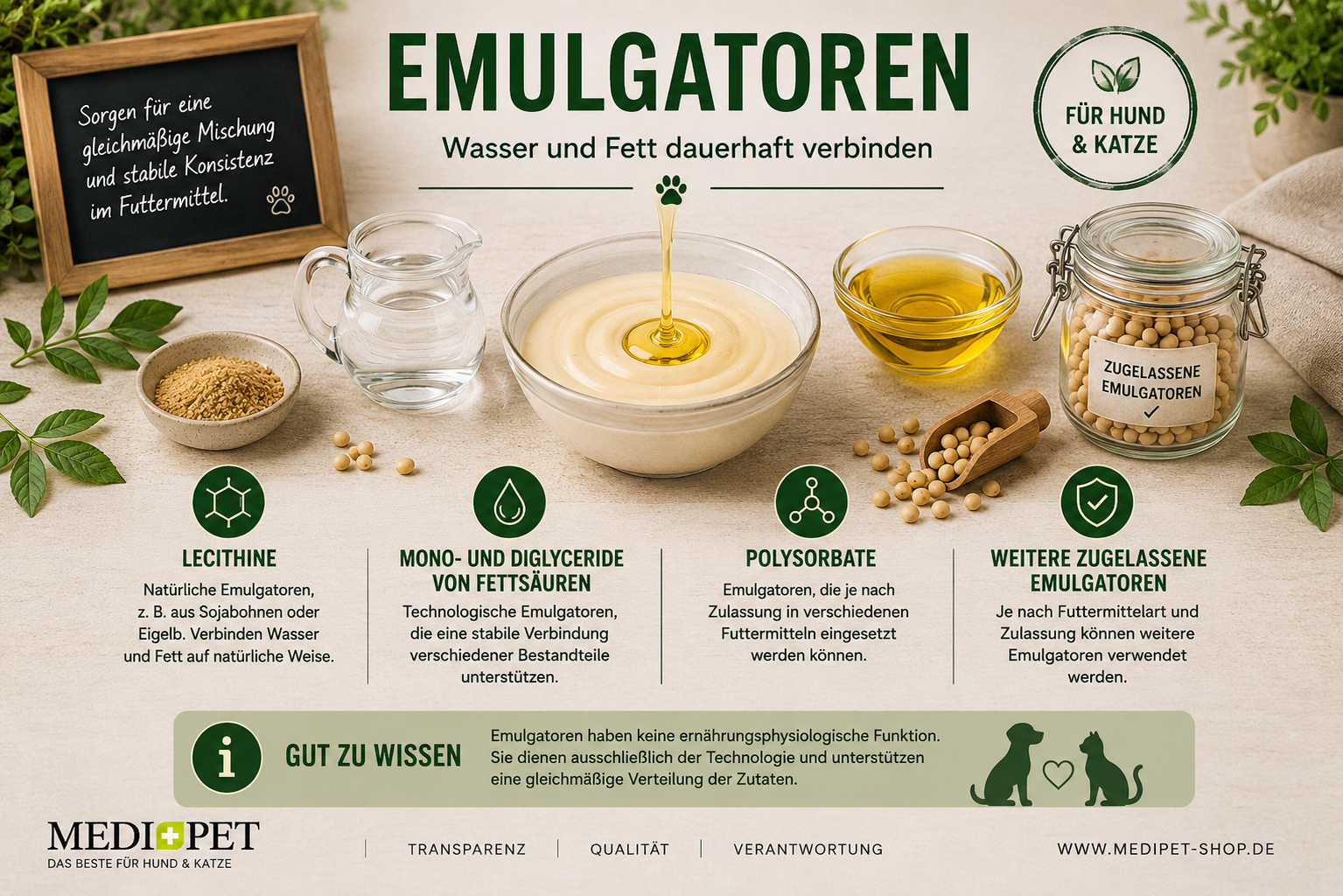 Emulgatoren im Hundefutter und Katzenfutter – technologische Zusatzstoffe zur Verbindung von Wasser und Fett mit Beispielen wie Lecithinen und Mono- sowie Diglyceriden von Fettsäuren.
