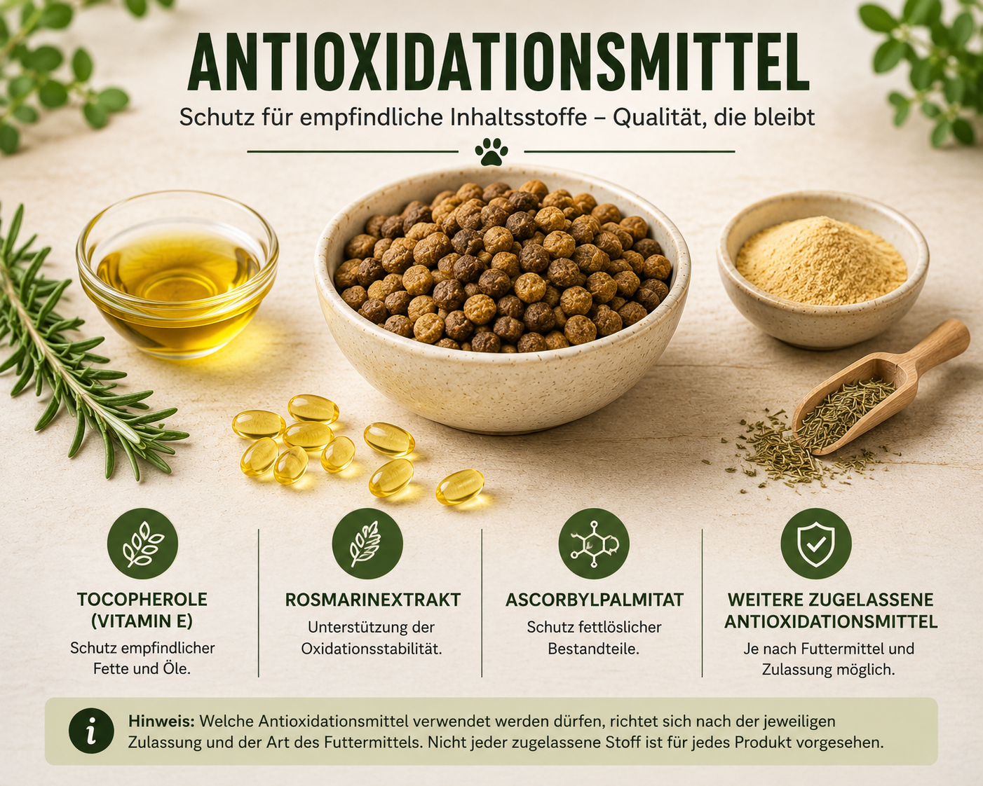 Darstellung von Antioxidationsmitteln in Hunde- und Katzenfutter mit Trockenfutter, Öl, Rosmarin, Tocopherolen, Pulver und weiteren Zutaten zur Veranschaulichung des Schutzes empfindlicher Inhaltsstoffe vor Oxidation.