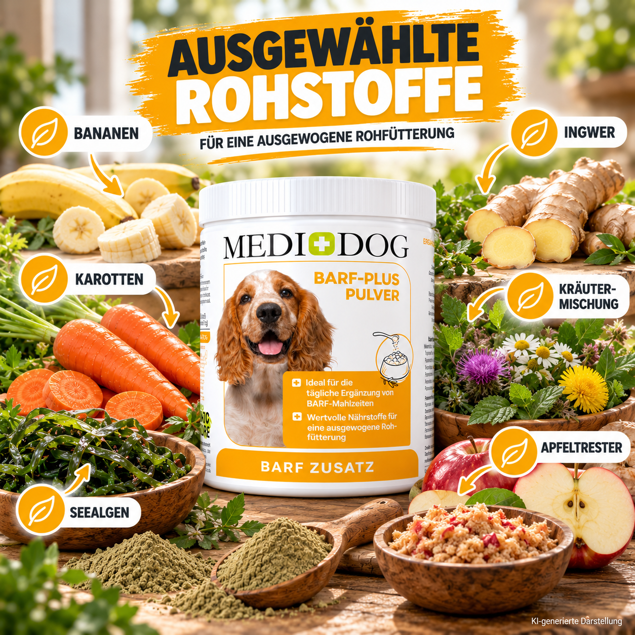 MEDIDOG BARF Plus Pulver mit ausgewählten Rohstoffen wie Banane, Karotte, Seealgen, Ingwer, Kräutern und Apfeltrester