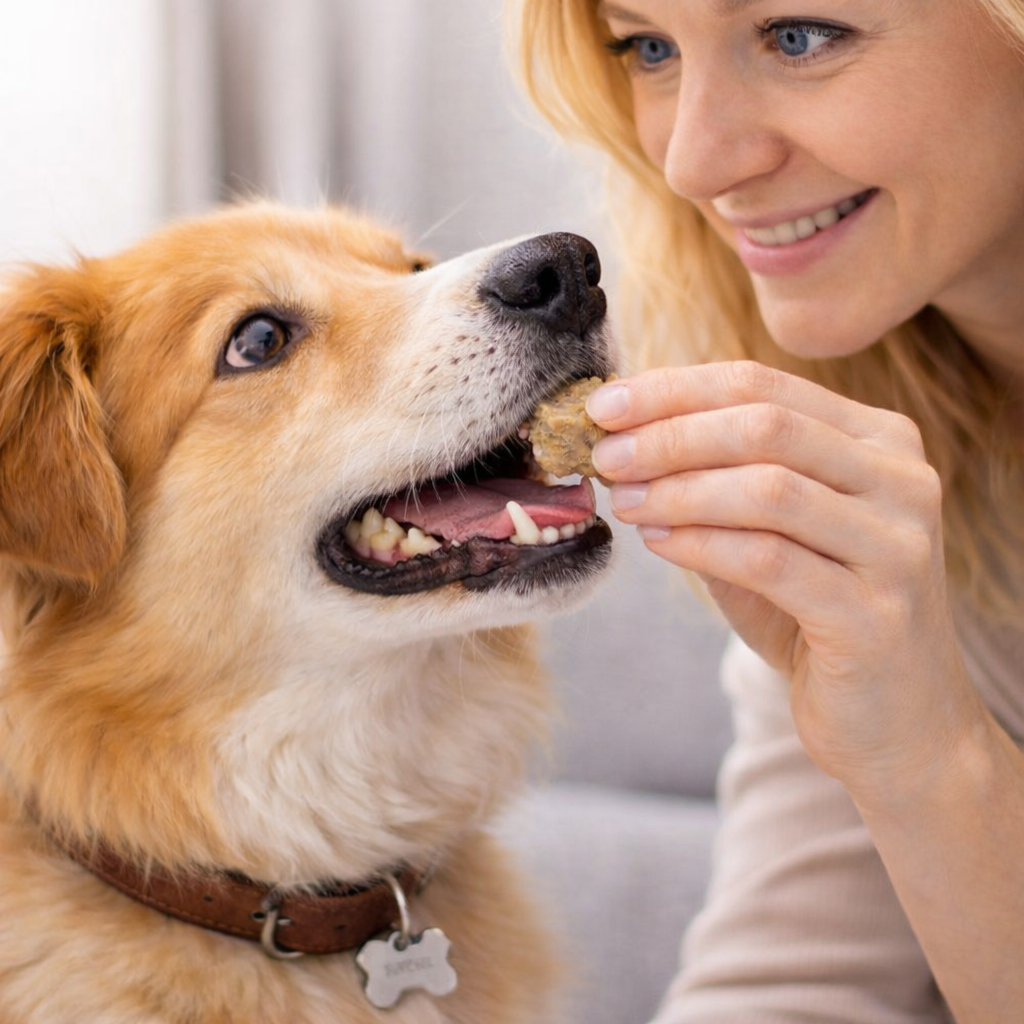 Frau füttert lächelnd ihren Hund mit einem Leckerli – direkte Blick- und Handkontakt-Szene.
