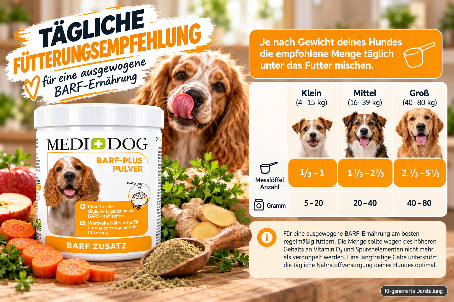 MEDIDOG BARF Plus Pulver für Hunde – tägliche Fütterungsempfehlung nach Hundegewicht