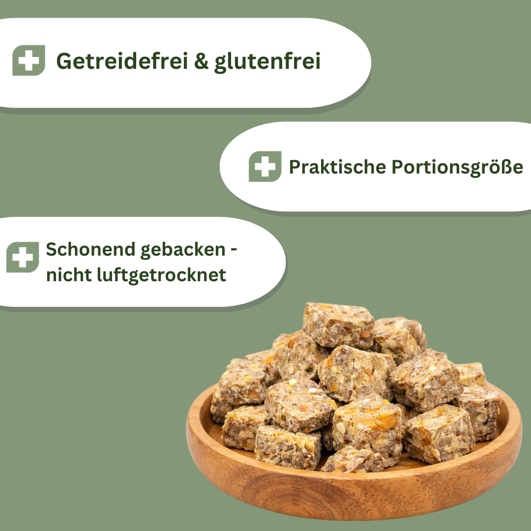 Schüssel mit Snackies; Textfelder: "Getreidefrei & glutenfrei", "Praktische Portionsgröße", "Schonend gebacken - nicht luftgetrocknet".