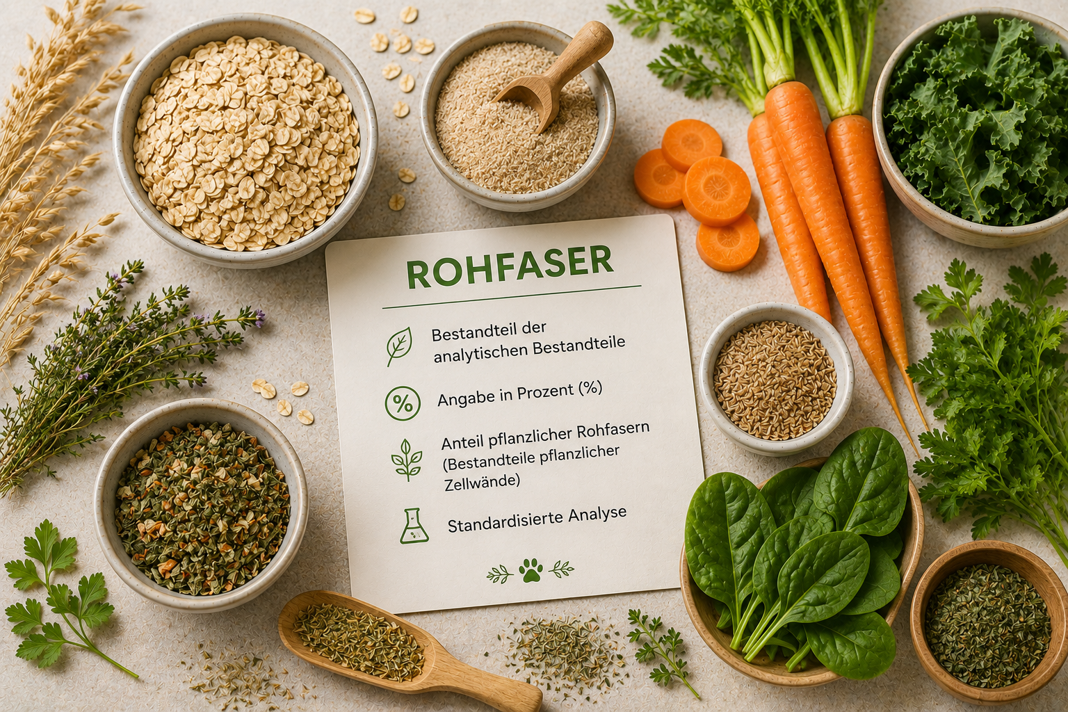 Darstellung des Rohfasergehalts in Hunde- und Katzenfutter mit pflanzlichen Rohstoffen wie Haferflocken, Karotten, Blattgemüse, Kräutern und Pflanzenfasern auf einem hellen Untergrund.