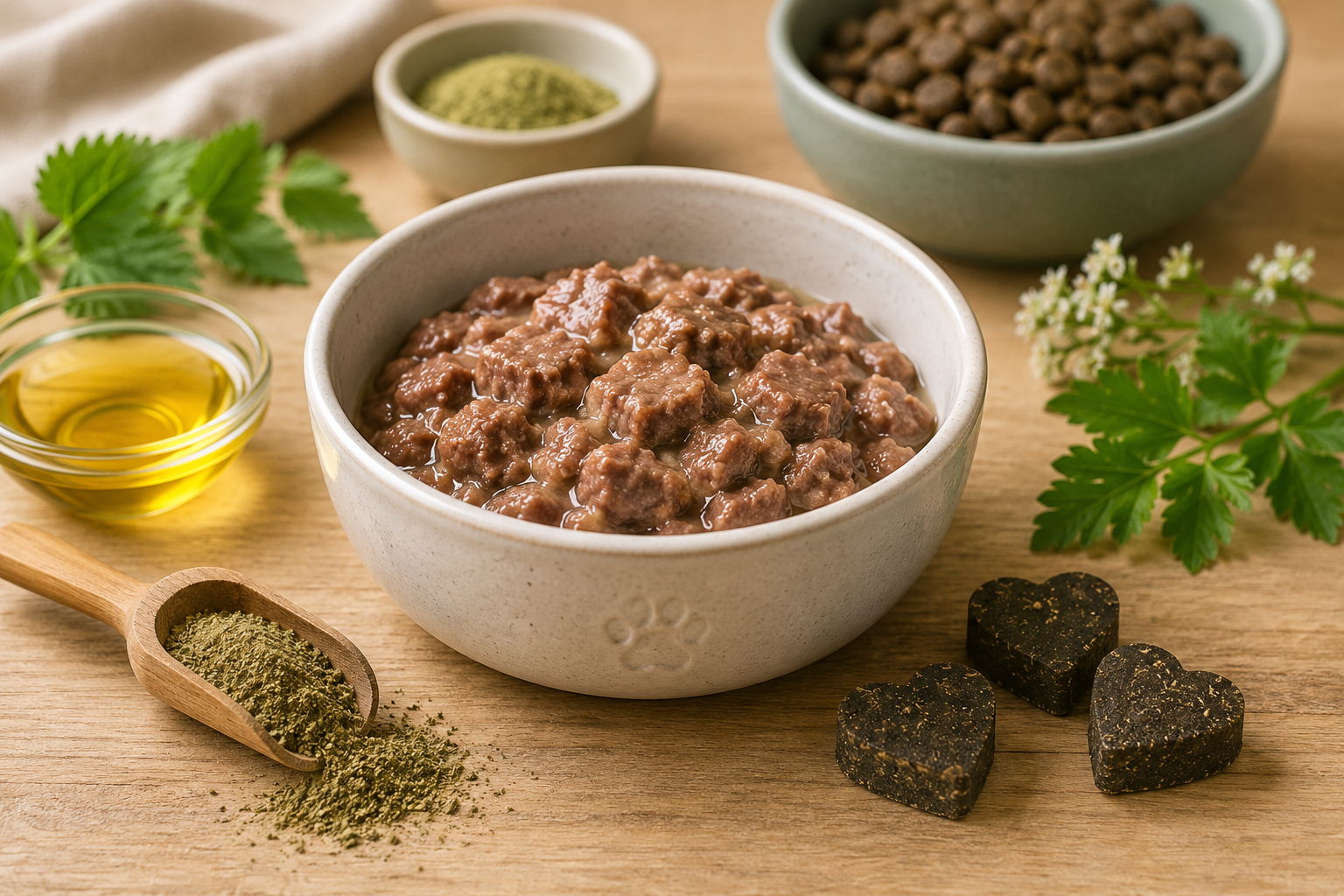Darstellung eines Ergänzungsfuttermittels für Hunde und Katzen mit Nassfutter, Kräutern, Öl und herzförmigen Ergänzungsdrops auf einem hellen Holzuntergrund.