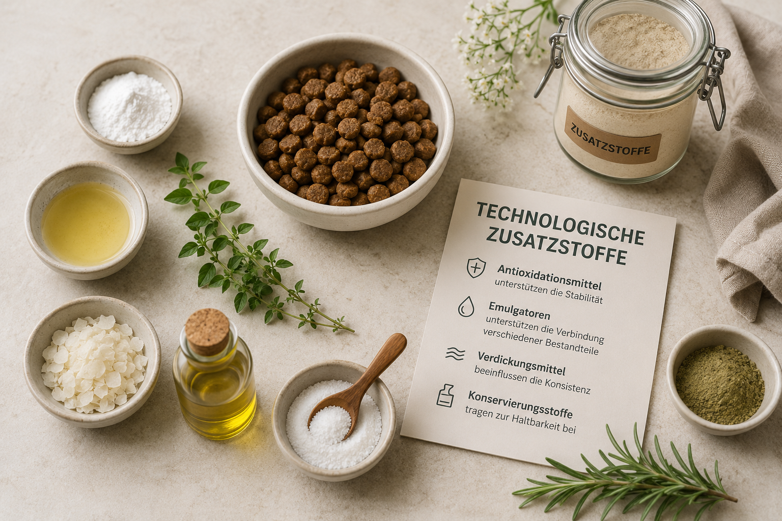 Darstellung technologischer Zusatzstoffe für Hunde- und Katzenfutter mit Trockenfutter, natürlichen Rohstoffen, Öl, Pulver und typischen Zutaten zur Veranschaulichung verschiedener technologischer Funktionen auf einem hellen Untergrund.