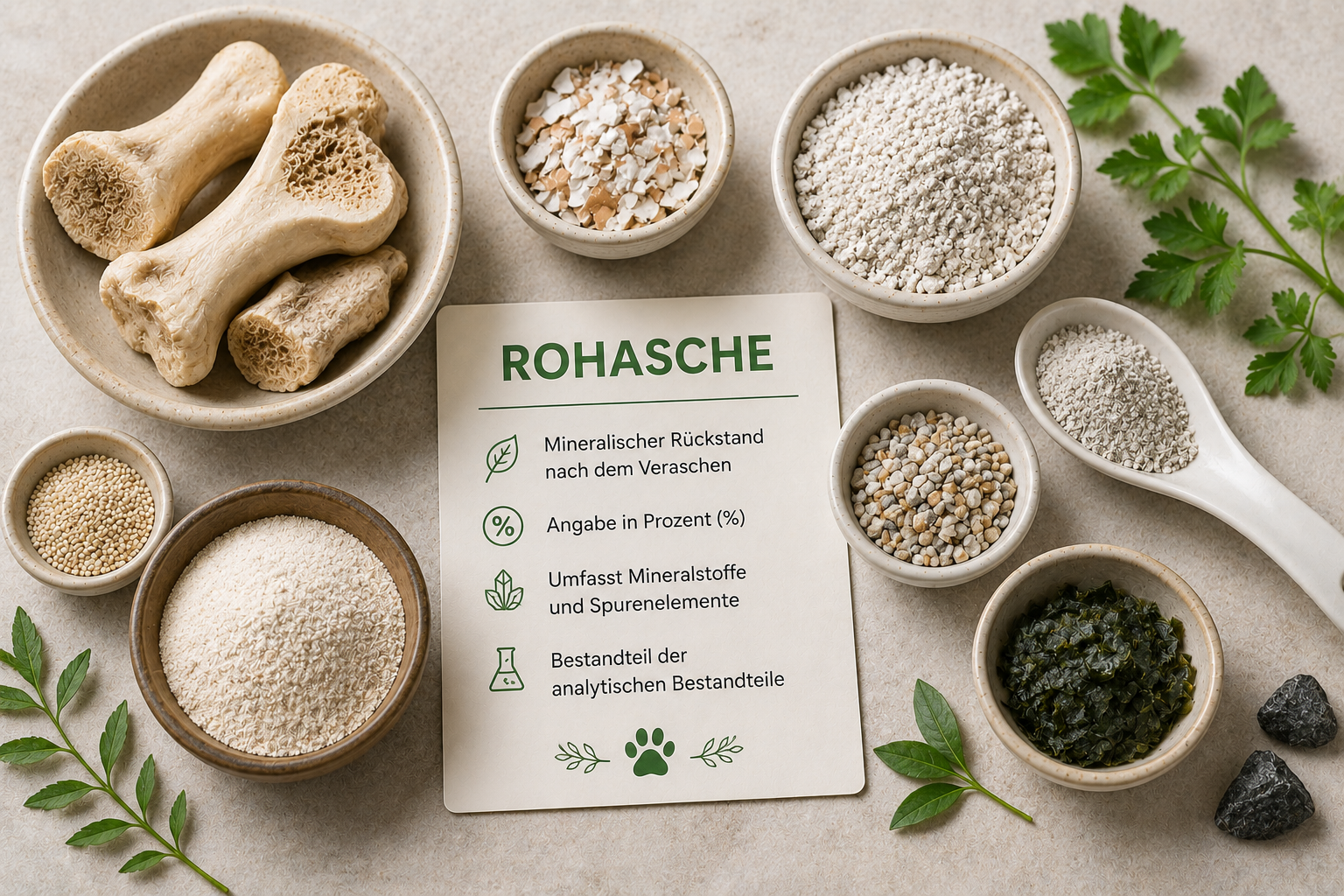 Darstellung des Rohaschegehalts in Hunde- und Katzenfutter mit Mineralstoffquellen wie Knochen, Eierschalen und Mineralpulvern auf einem hellen Untergrund.