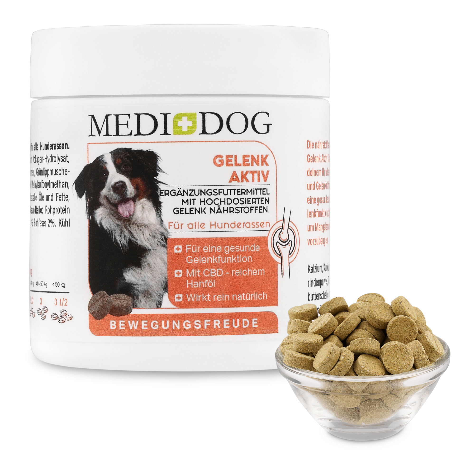 Medidog Gelenk Aktiv Tabletten für alle  Hunderassen als natürlicher Lieferant für sämtliche Nährstoffe und Vitalstoffe, die Hunde für eine normale, gesunde Gelenkfunktion, starke Knochen und elastische Sehnen brauchen