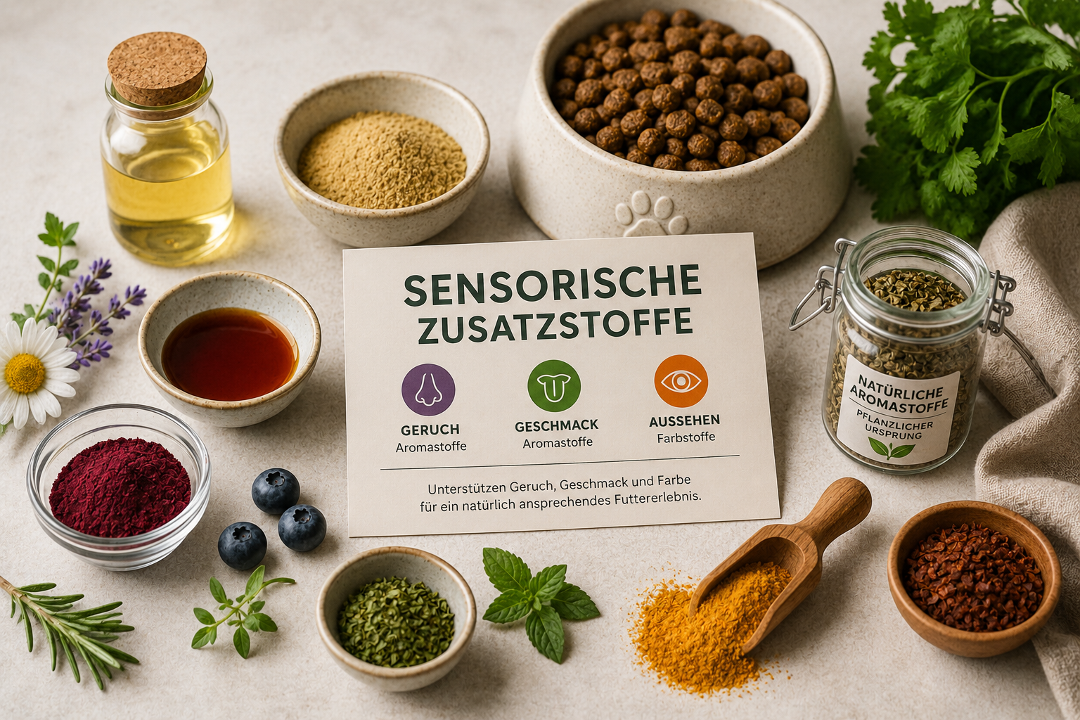Darstellung sensorischer Zusatzstoffe für Hunde- und Katzenfutter mit Trockenfutter, natürlichen Aromastoffen, Kräutern, Pflanzenextrakten und weiteren Zutaten zur Veranschaulichung von Geruch, Geschmack und Aussehen auf einem hellen Untergrund.