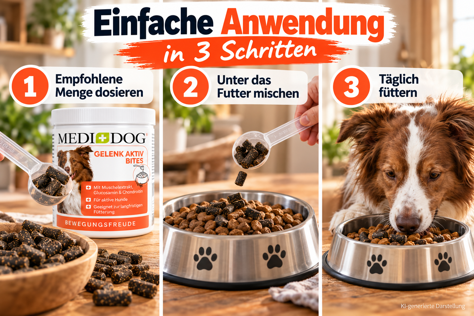 MEDIDOG Gelenk Aktiv Bites – Anwendung in drei Schritten: Menge dosieren, unter das Futter mischen und täglich füttern