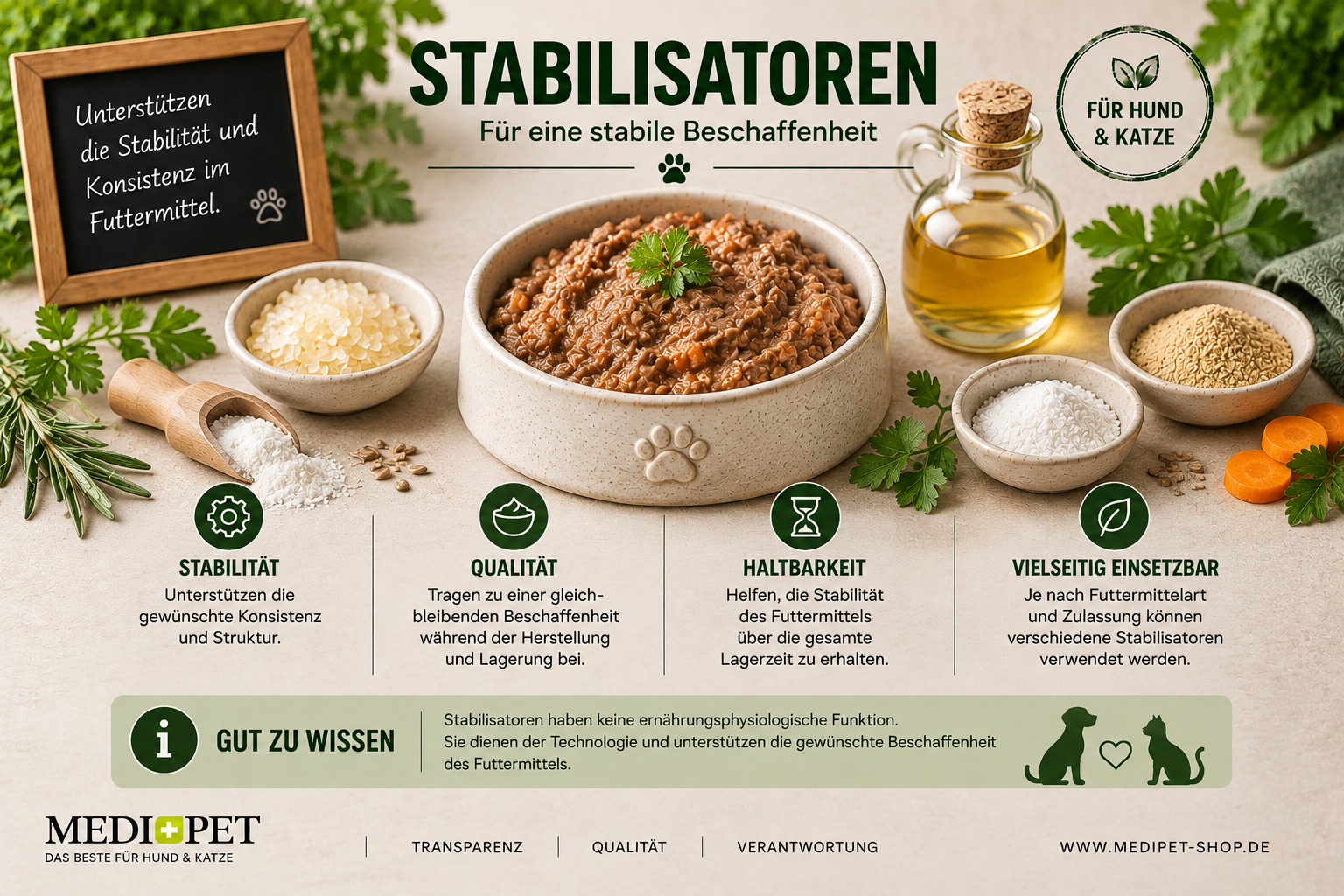 Infografik zu Stabilisatoren im Futtermittel mit Schüssel, Zutaten und Erklärung zur stabilen Beschaffenheit für Hund und Katze.