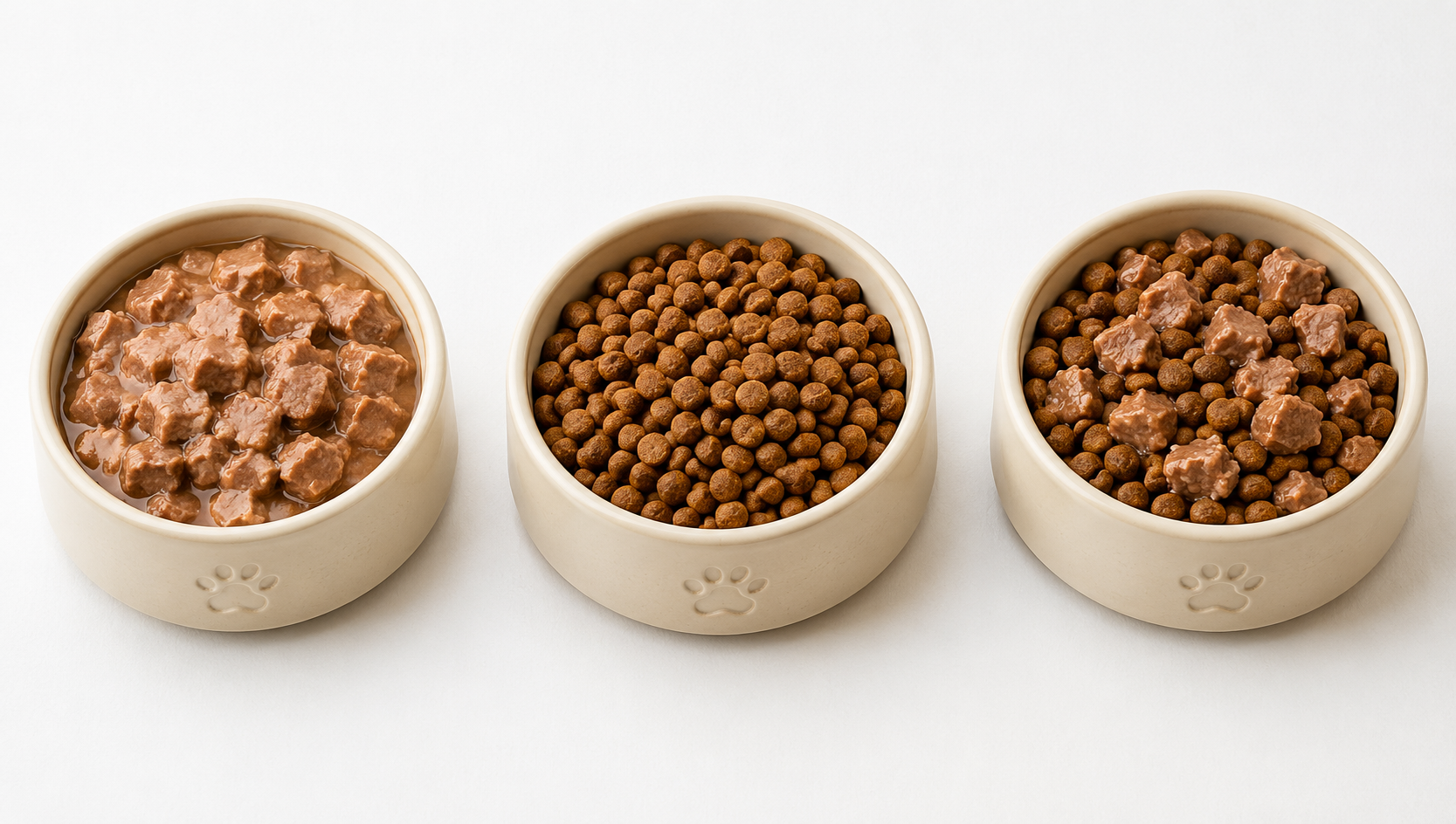Darstellung eines Alleinfuttermittels für Hunde und Katzen mit Nassfutter, Trockenfutter und Feuchtfutter in drei Keramiknäpfen auf einem hellen Untergrund.