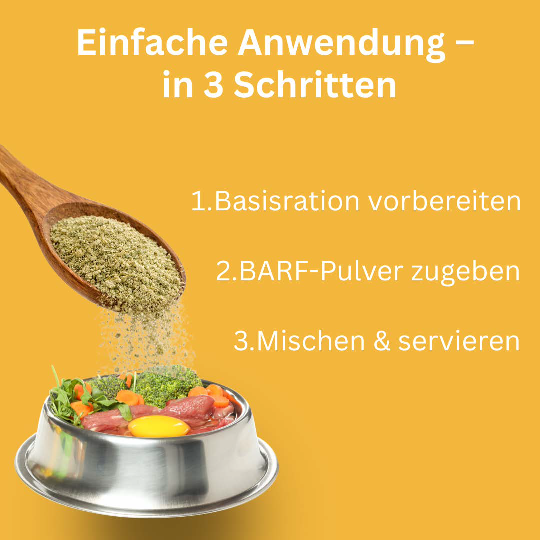 Dosierlöffel streut BARF-Plus Pulver über BARF-Futterschale; Text: "Einfache Anwendung — in 3 Schritten".
