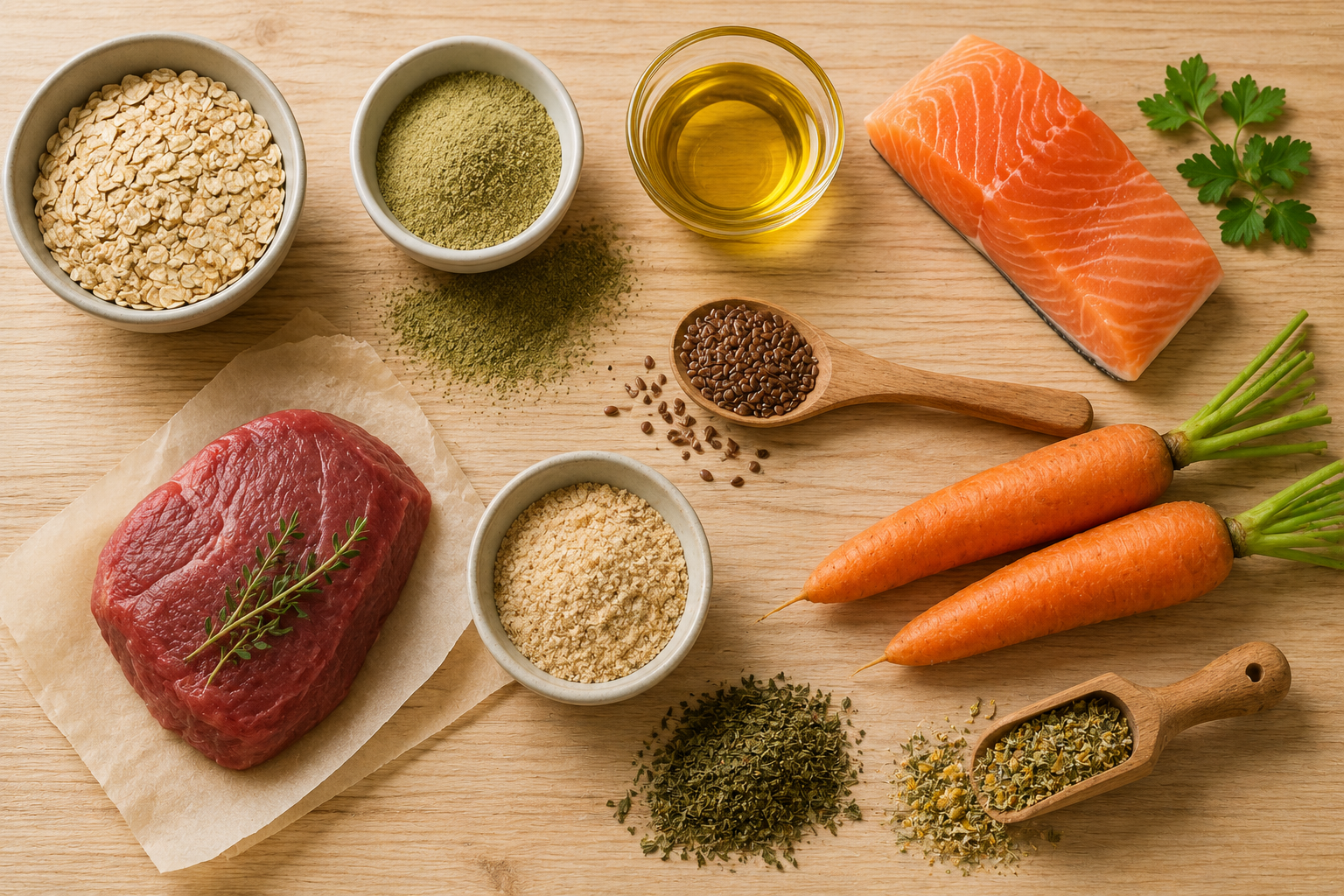 Darstellung eines Einzelfuttermittels für Hunde und Katzen mit einzelnen Futtermittelrohstoffen wie Fleisch, Lachs, Karotten, Haferflocken, Öl und Kräutern auf einem hellen Holzuntergrund.