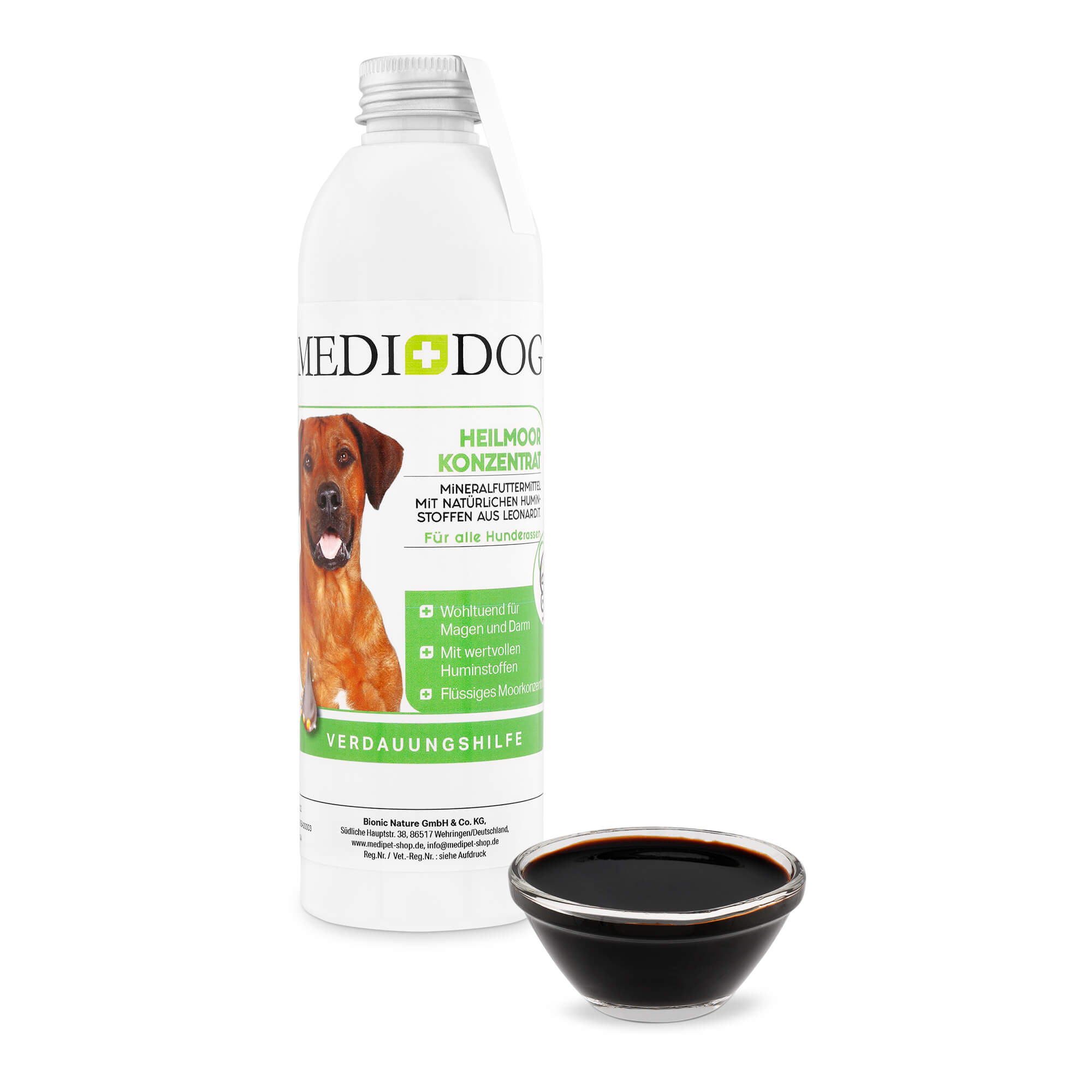 Medidog Heilmoor Konzentrat für Hunde - bringt einen enorm hohen Anteil an Huminstoffen mit, die den Magen-Darm-Trakt deines Hundes wieder harmonisieren und in seiner natürlichen Funktionalität stärken können